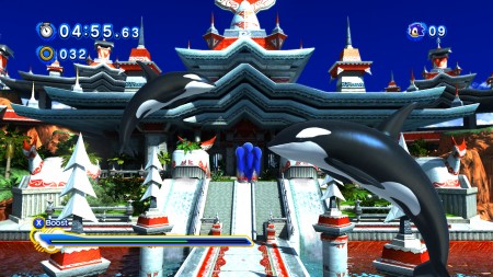 Modern Sonic soars through the air towards a Pagoda