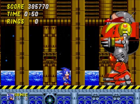 Sonic faces Doctor Robotnik's final contraption, a gigantic mechanised version of himself