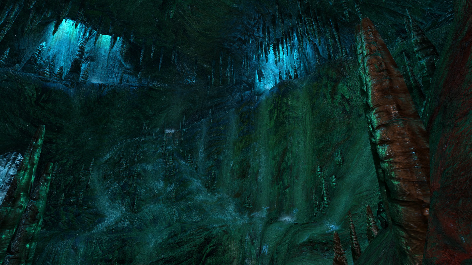 Water running down the inside of an overworldly cave